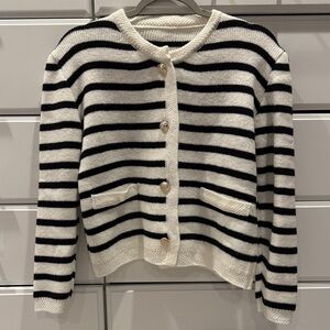 Elegant Black and White Striped Women's Cardigan